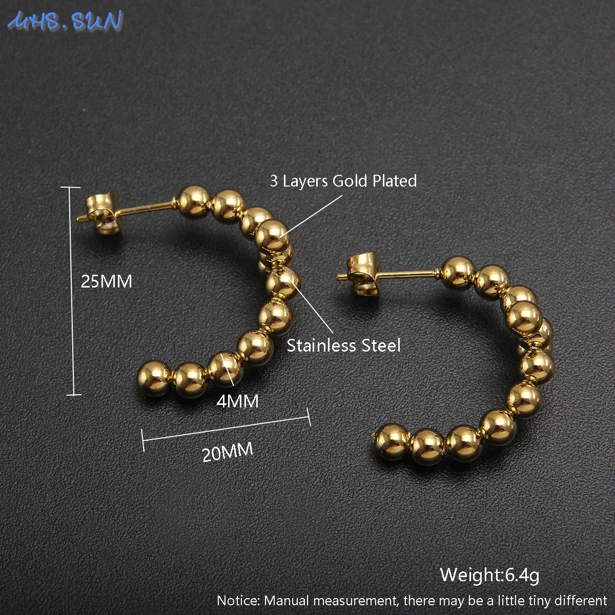 MHS.SUN Luxury Gold Plated Square Round Stainless Steel Hoop Earrings Cross Ball Beads Earring For Women Girls Wedding Jewelry
