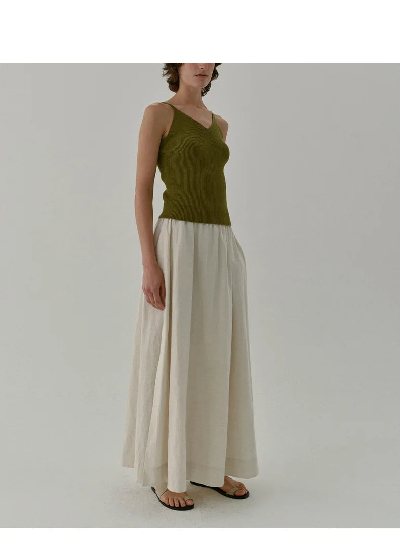 Chic Side Split Vintage Linen Skirt Women's Solid Color.