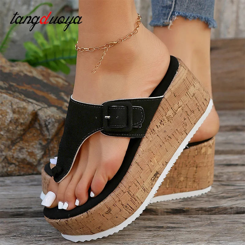 Women Beach Flip Flops Slippers Summer Slipper New Woman Metal buckle design High Heels Female Fashion Slides Wedges Sandals