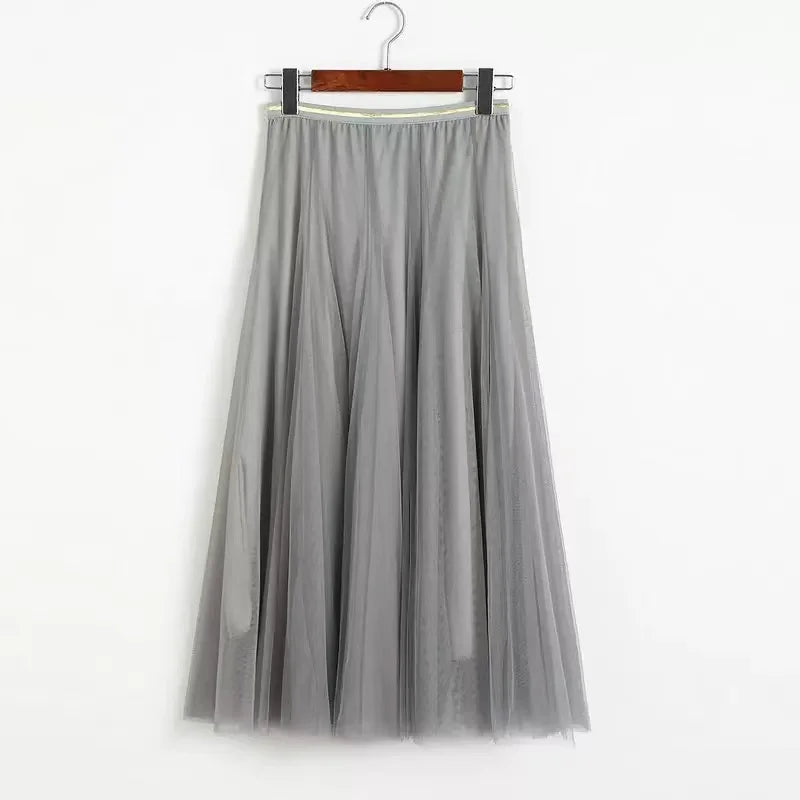 Summer Mesh Women Pleated Skirt Solid High Waist A Line.