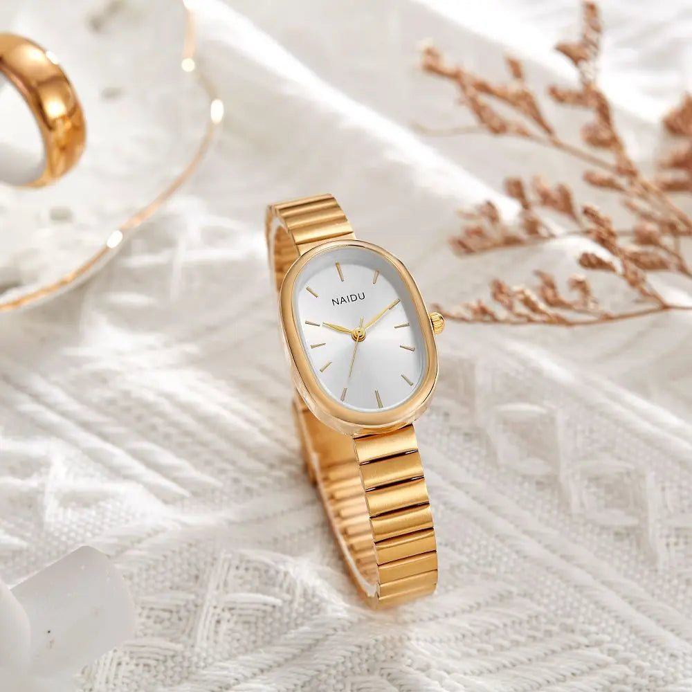 Women Quartz Watch Luxury Oval Shaped Fashion Mini Case Small Roman Numeral Dial Female Full Metal Band Watches Niche Wristwatch