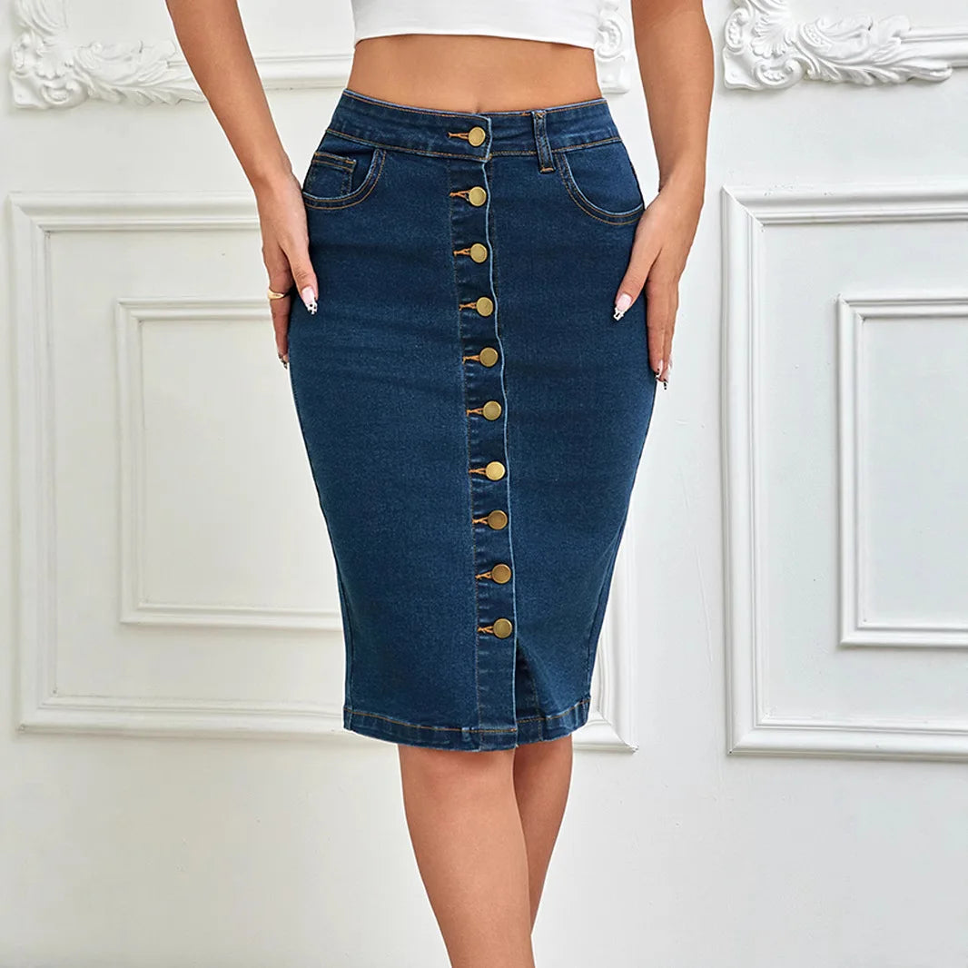 Women's Wrap Denim Skirt Multiple Button Front Stretch.