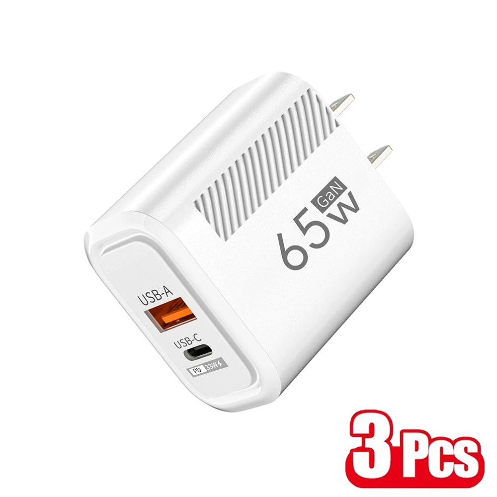 65W  Fast Charger Adapter For iPhone Samsung Xiaomi Type C Wall.