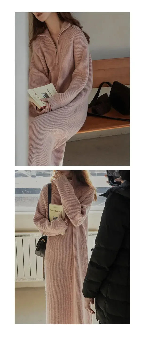 Loose-fitting knit dress above the knee.