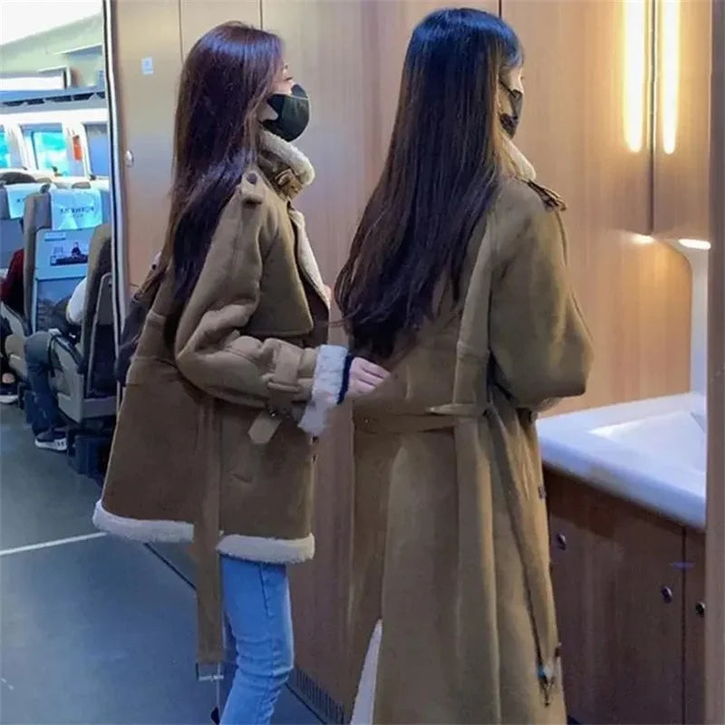 2024 Autumn Winter New Medium Long Double-breasted Lambswool Suede Woolen Coat Women Add Velvet Padded Warm Fur One Woolen Coats