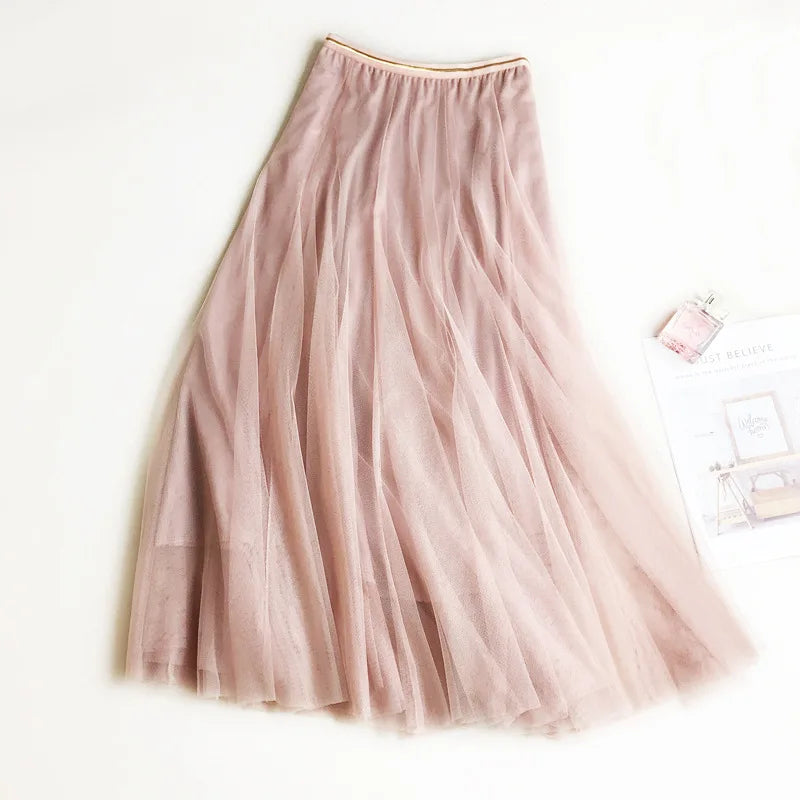 Summer Mesh Women Pleated Skirt Solid High Waist A Line.