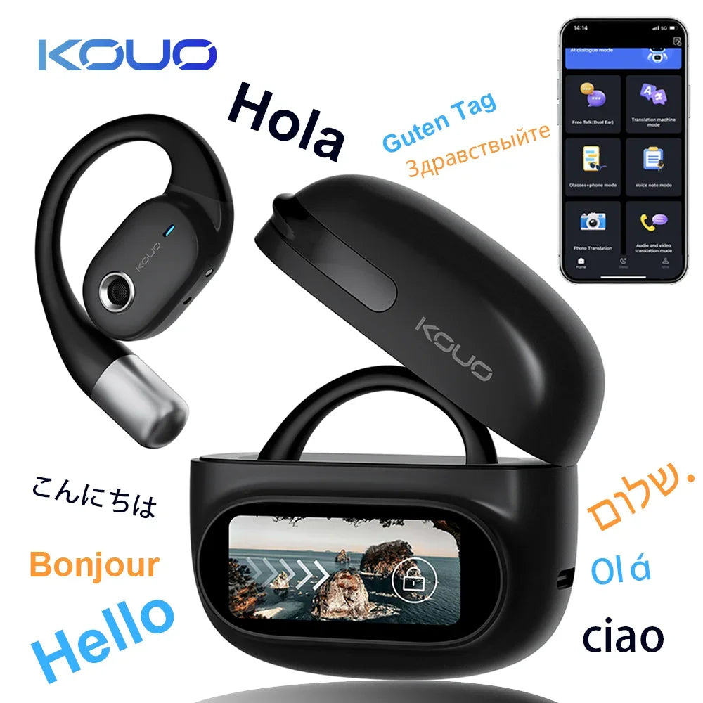 KOUO Open Bluetooth headphones with real-time translation for 164 languages.