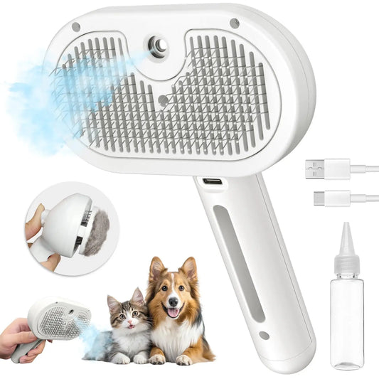 Steam brush for cats with self-cleaning function and steam jet that removes loose hair.