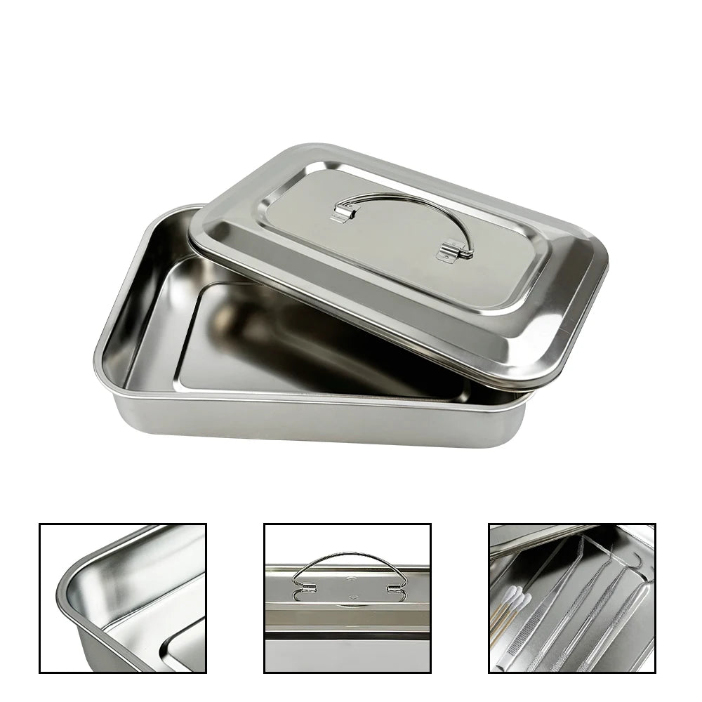 Dental Tray With Lid Stainless Steel Disinfection Box Dentistry Surgical Medical.