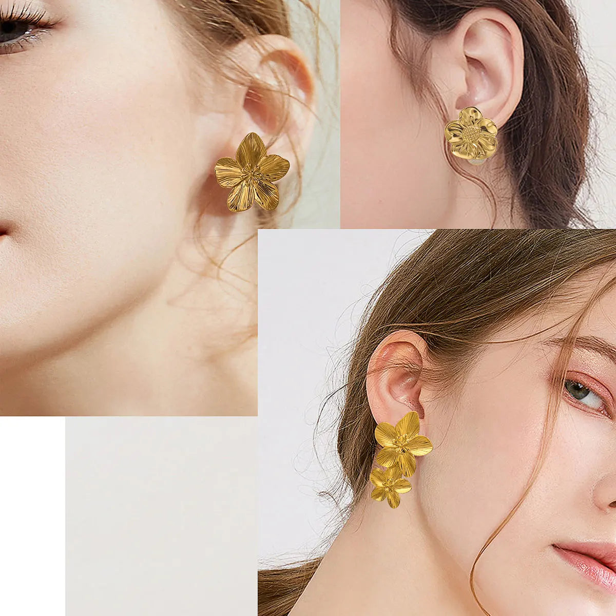 Stainless Steels Flower Earrings  Women Double Layers Statement Gold plated Earrings Fashion Large Hanging Stud Party Jewelry