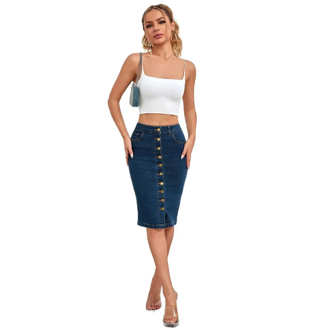 Women's Wrap Denim Skirt Multiple Button Front Stretch.