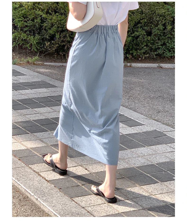 Women's Cotton Linen Skirt High Waist Elastic.