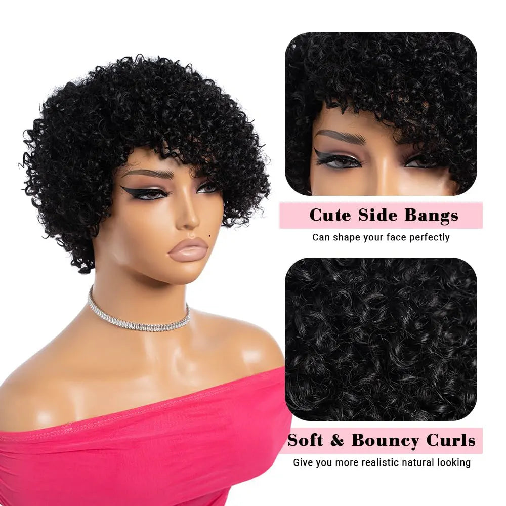 Kinky Curly Wigs Human Hair  Side Part Afro Kinky Curly Wigs for Black Women  Pixie Cut Curly Wigs Human Hair 100% Full Machine