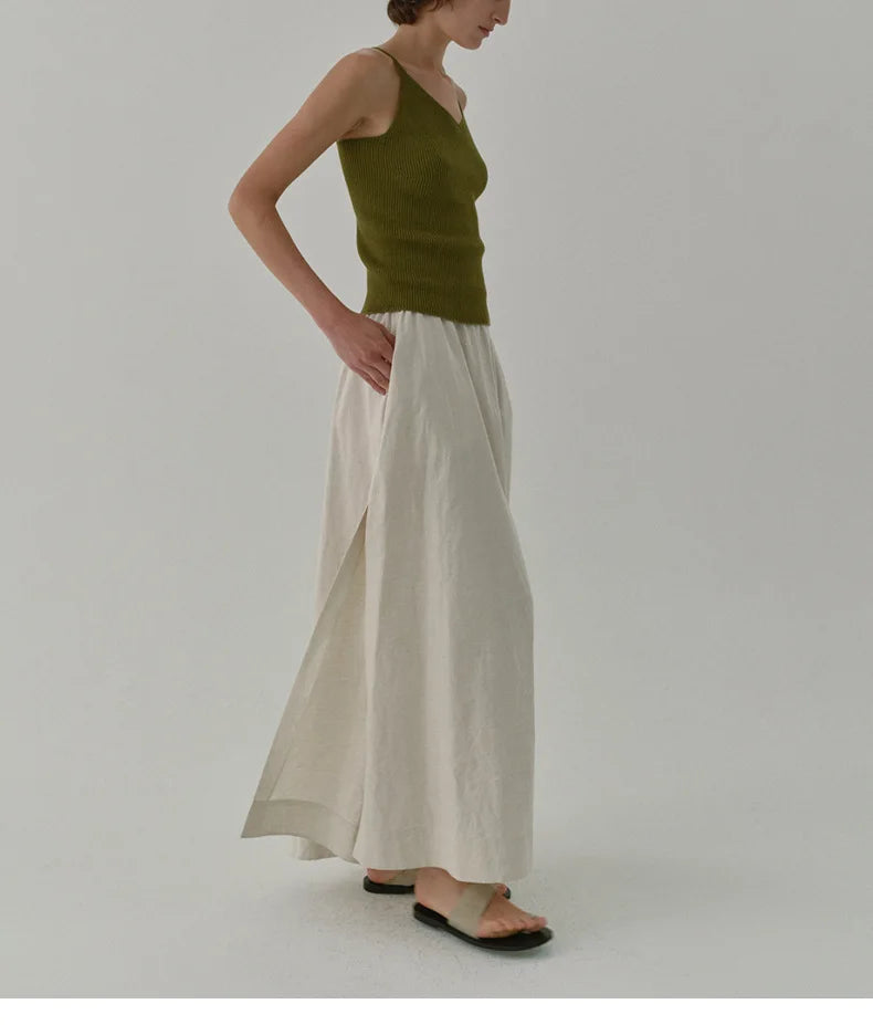 Chic Side Split Vintage Linen Skirt Women's Solid Color.