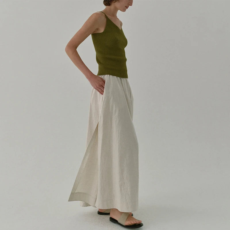 Chic Side Split Vintage Linen Skirt Women's Solid Color.