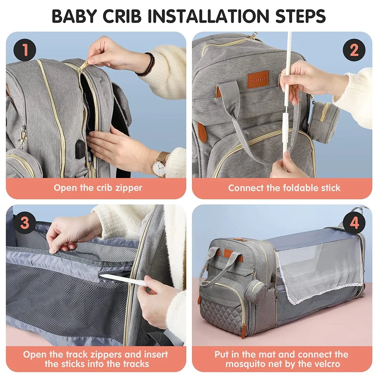 3 In 1 Diaper Bag Backpack Foldable Baby Bed.