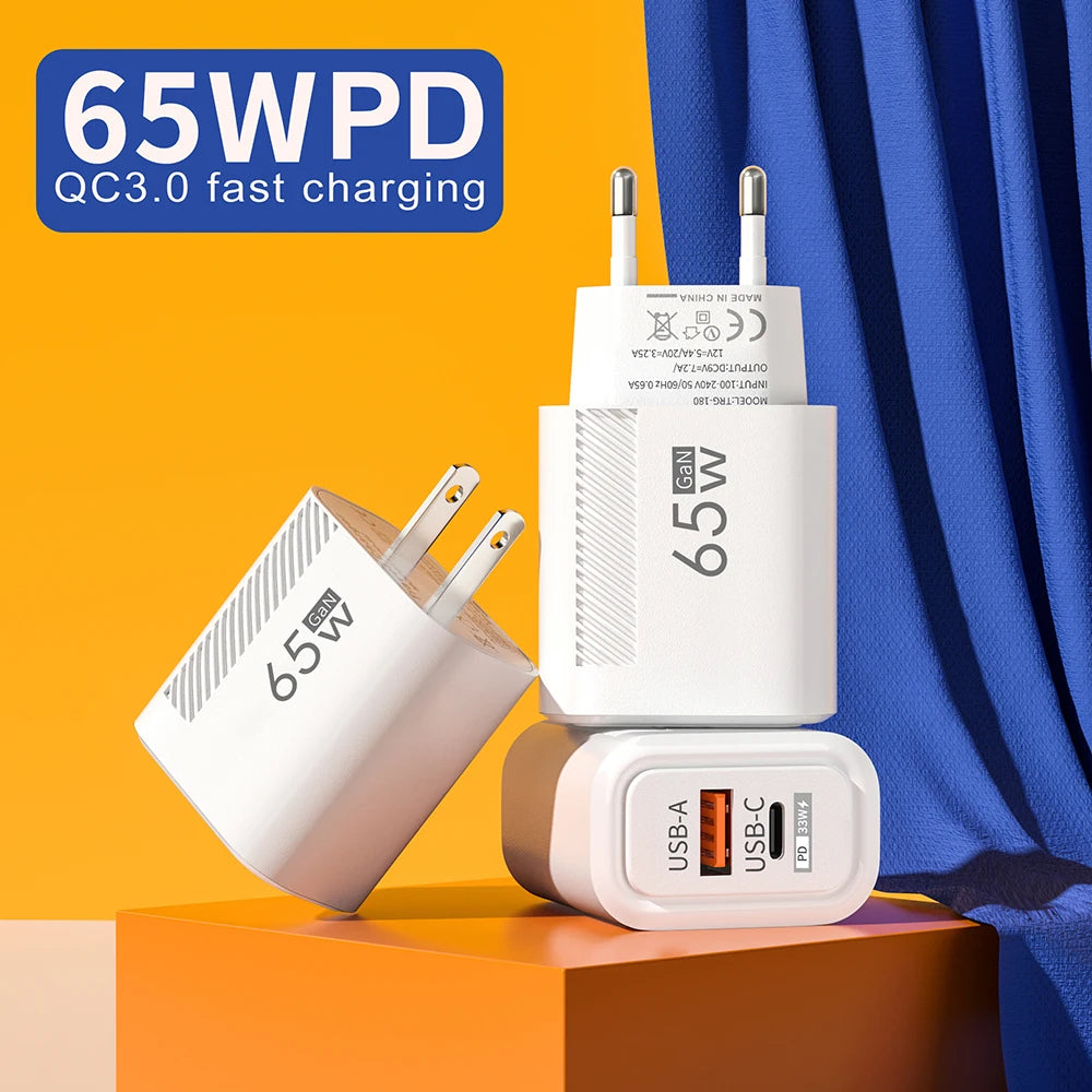 65W  Fast Charger Adapter For iPhone Samsung Xiaomi Type C Wall.