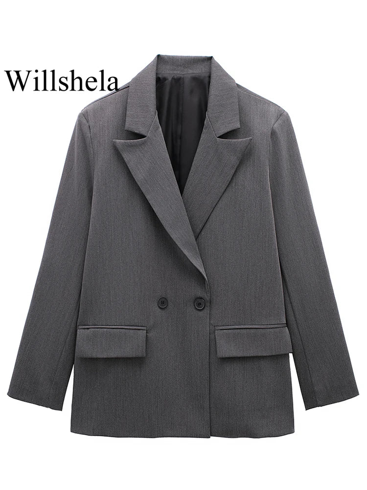 Willshela Women Fashion With Pockets Solid Double Breasted Blazer.