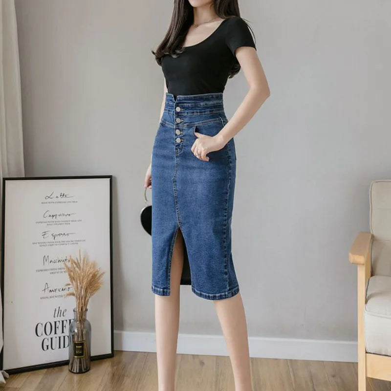 Fashion Split Denim Skirt Woman 2023 Summer Korean Style High Waist Button Blue Midi Skirt Women Elegant Office A-line Skirts