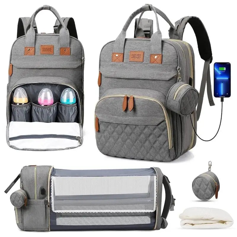 3 In 1 Diaper Bag Backpack Foldable Baby Bed.