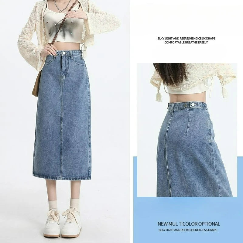 Retro women's denim dress with a high waist and slimming effect.