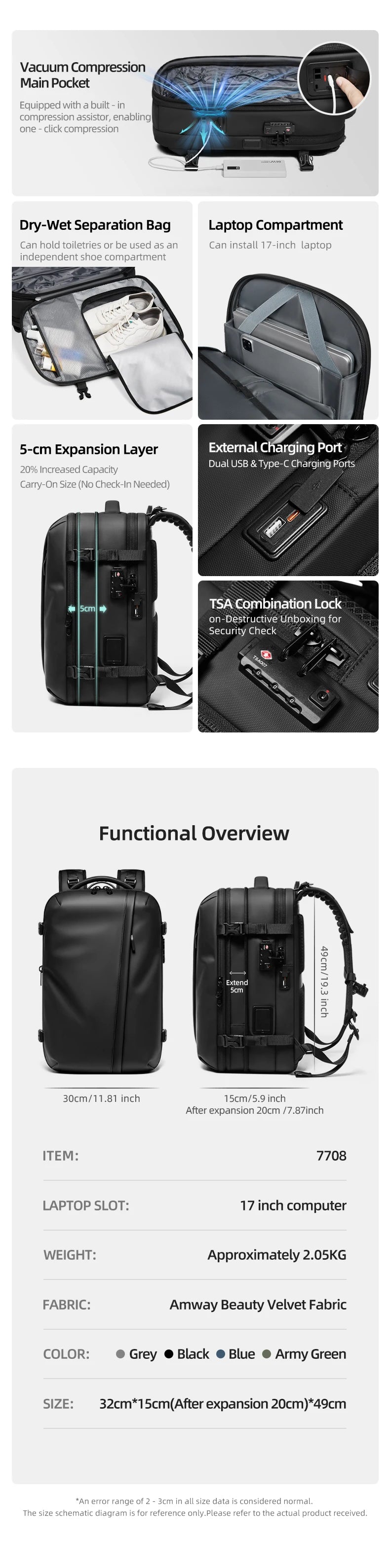 Men Travel Backpack One click start pump vacuum.