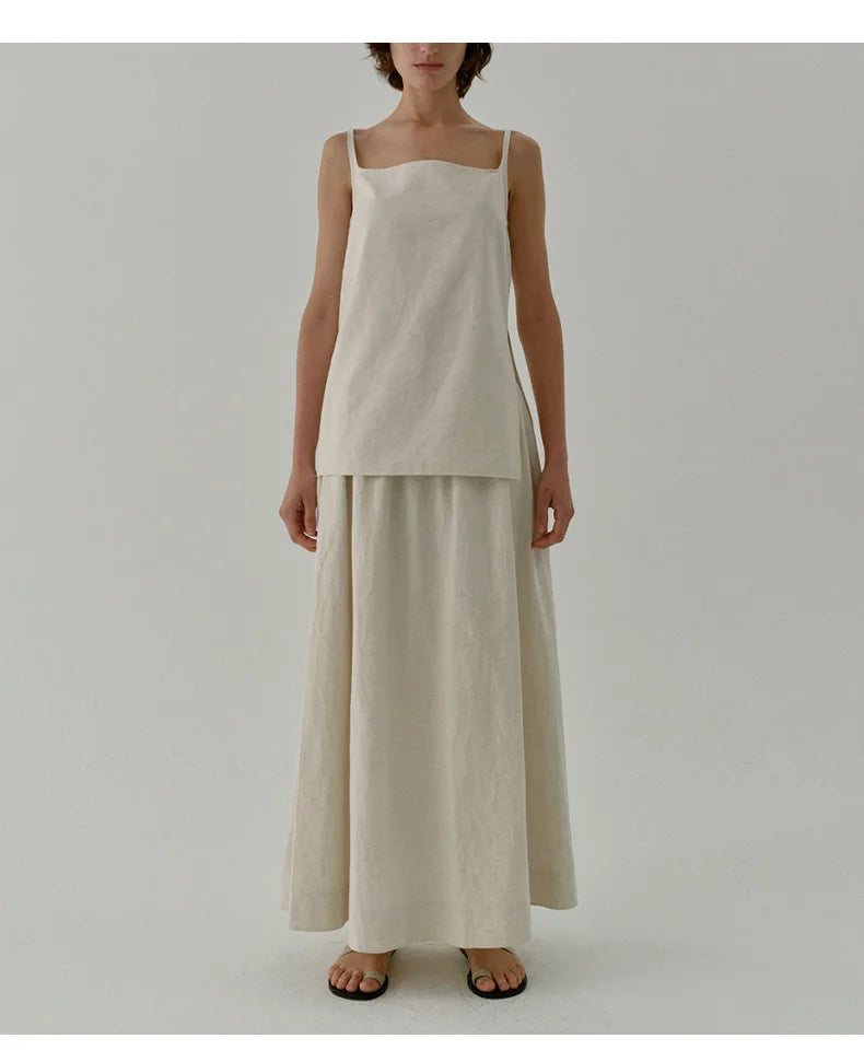 Chic Side Split Vintage Linen Skirt Women's Solid Color.