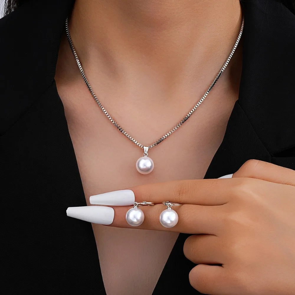 Vintage Jewelry Set Stylish Simple Necklace and Earrings Set with Imitation Pearl Pendant, Women's, Golden, Valentine's Day Gift