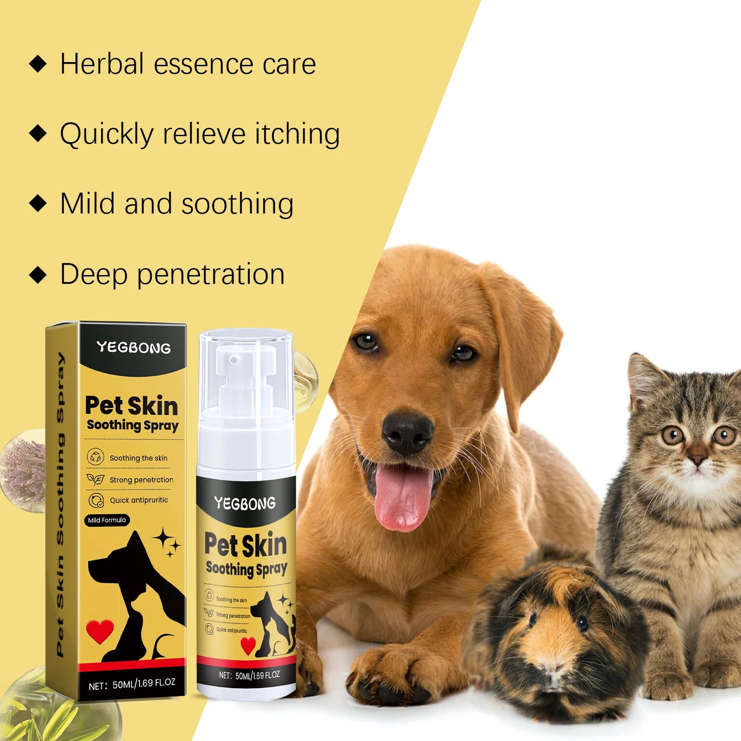 Spray for pet skin care. Relieves discomfort in dogs and cats.