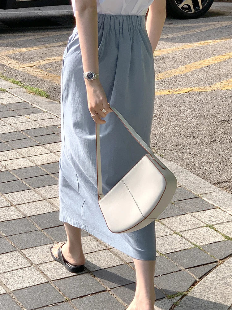 Women's Cotton Linen Skirt High Waist Elastic.