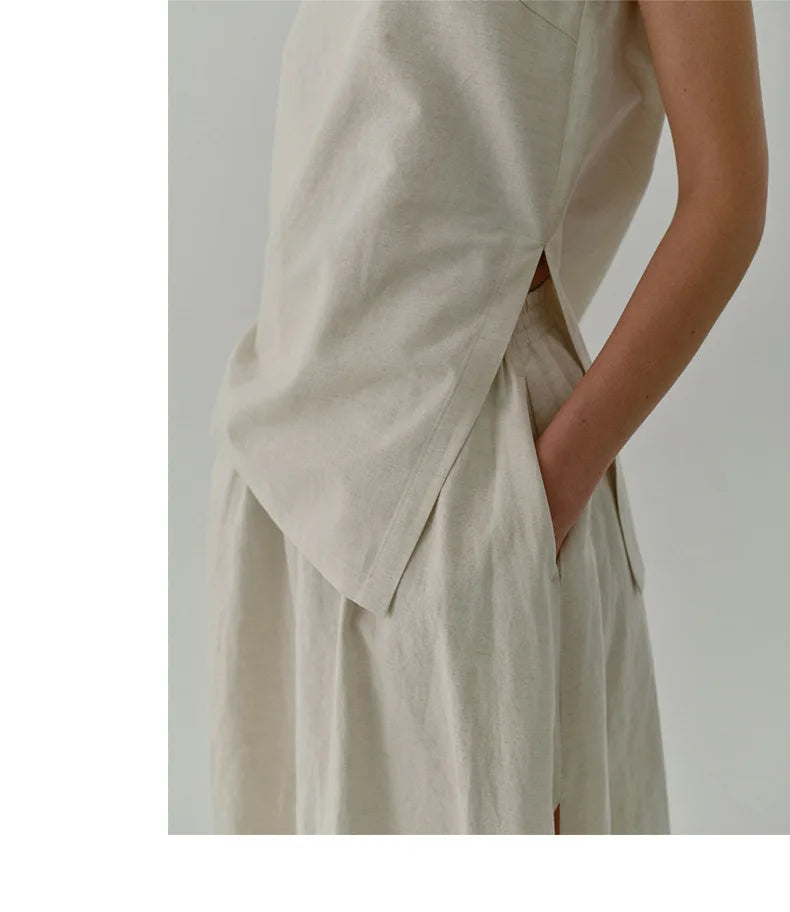 Chic Side Split Vintage Linen Skirt Women's Solid Color.