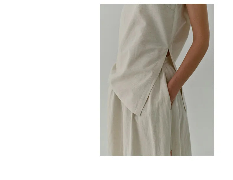 Chic Side Split Vintage Linen Skirt Women's Solid Color.