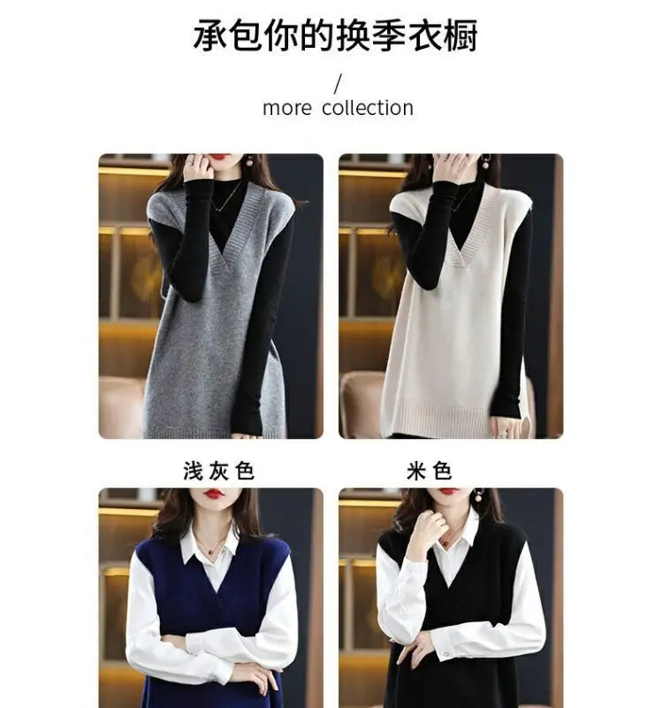 Navy blue plus size vest, medium to long length, in knit fabric.