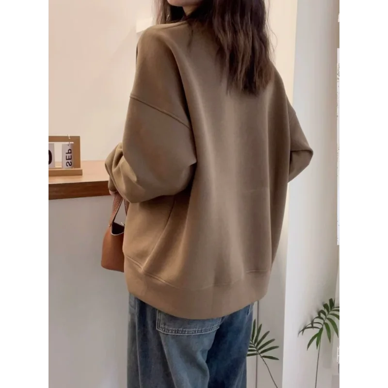 Plus Size Fleece Round Neck Sweatshirt Loose Casual Pullover Malat Brown Top