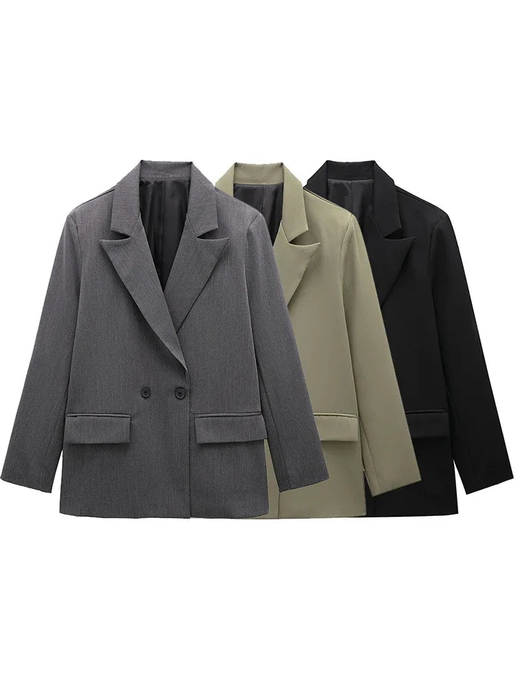 Willshela Women Fashion With Pockets Solid Double Breasted Blazer.