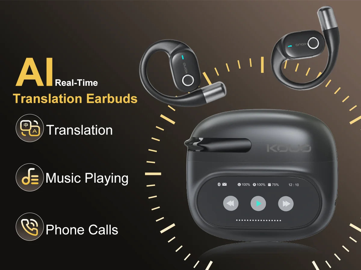 KOUO Open Bluetooth headphones with real-time translation for 164 languages.