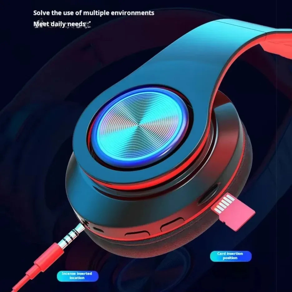 Wireless Bluetooth gaming headset with stereo surround sound.