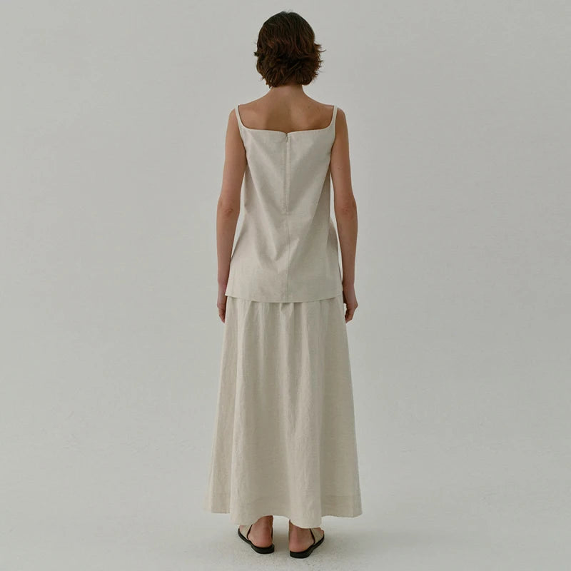 Chic Side Split Vintage Linen Skirt Women's Solid Color.