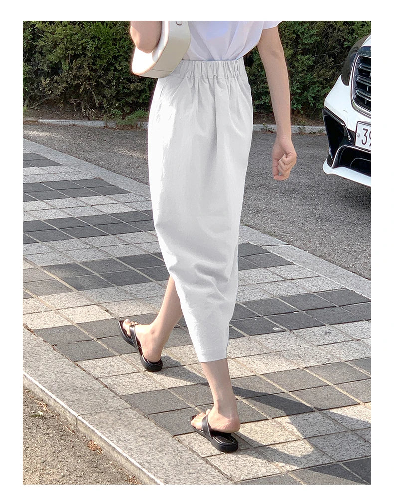 Women's Cotton Linen Skirt High Waist Elastic.