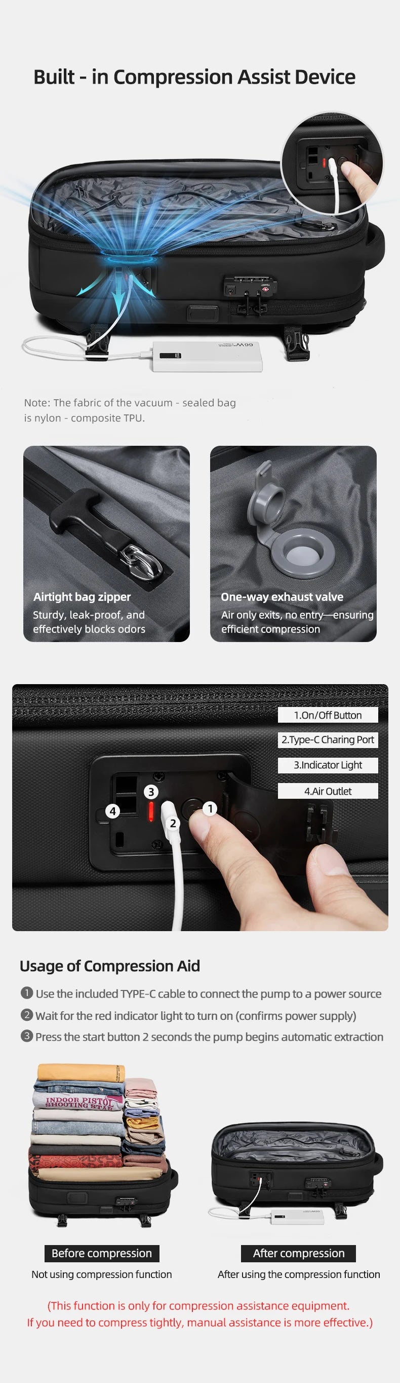 Men Travel Backpack One click start pump vacuum.