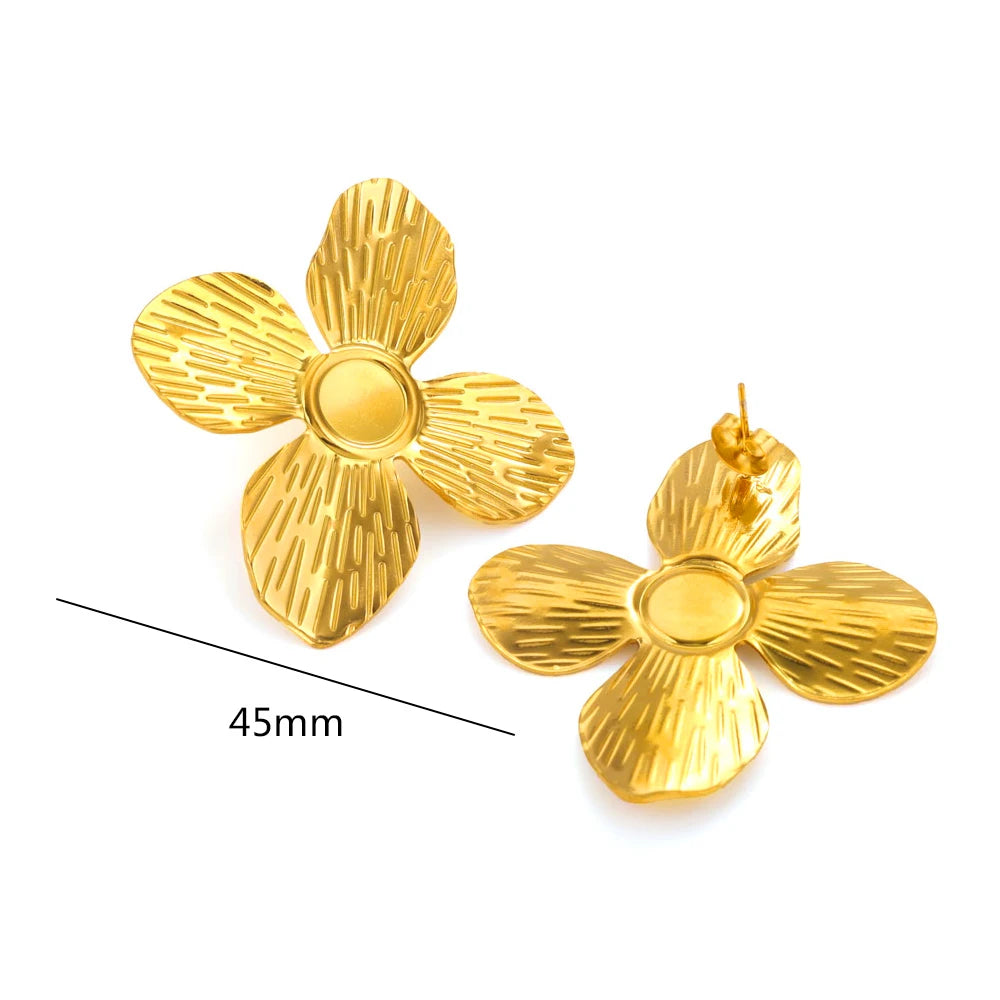Stainless Steels Flower Earrings  Women Double Layers Statement Gold plated Earrings Fashion Large Hanging Stud Party Jewelry