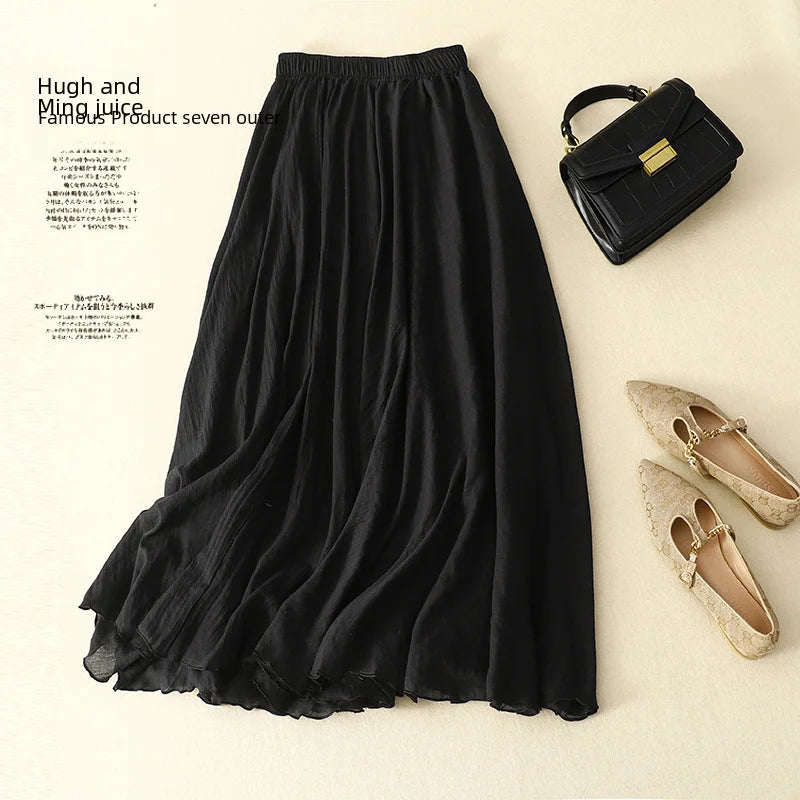 Slim Cotton Leaf Edge Double Layer Half Skirt Loose Waist.