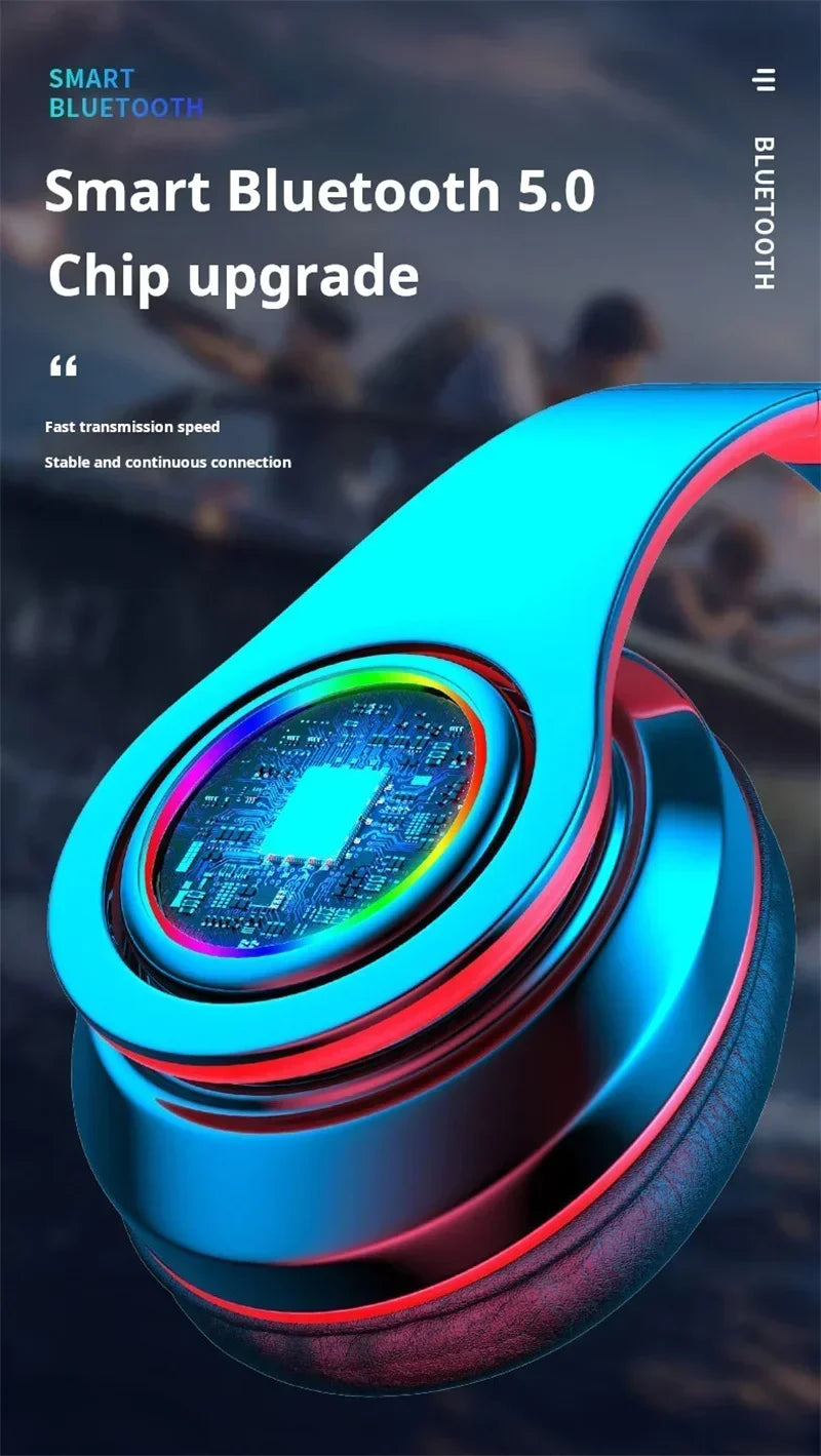 Wireless Bluetooth gaming headset with stereo surround sound.