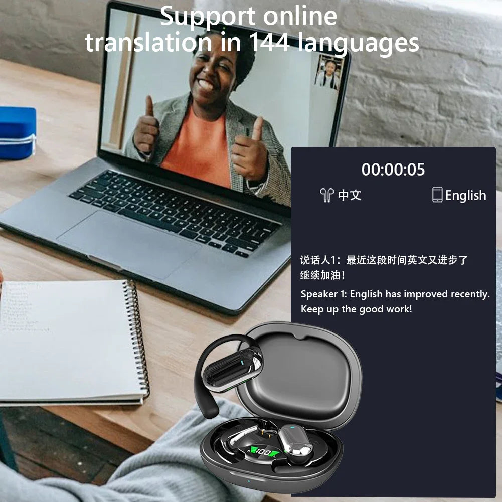 Smart Translator-oordopjes, meertalige OWS realtime vertaalhoofdtelefoon, 144 talen