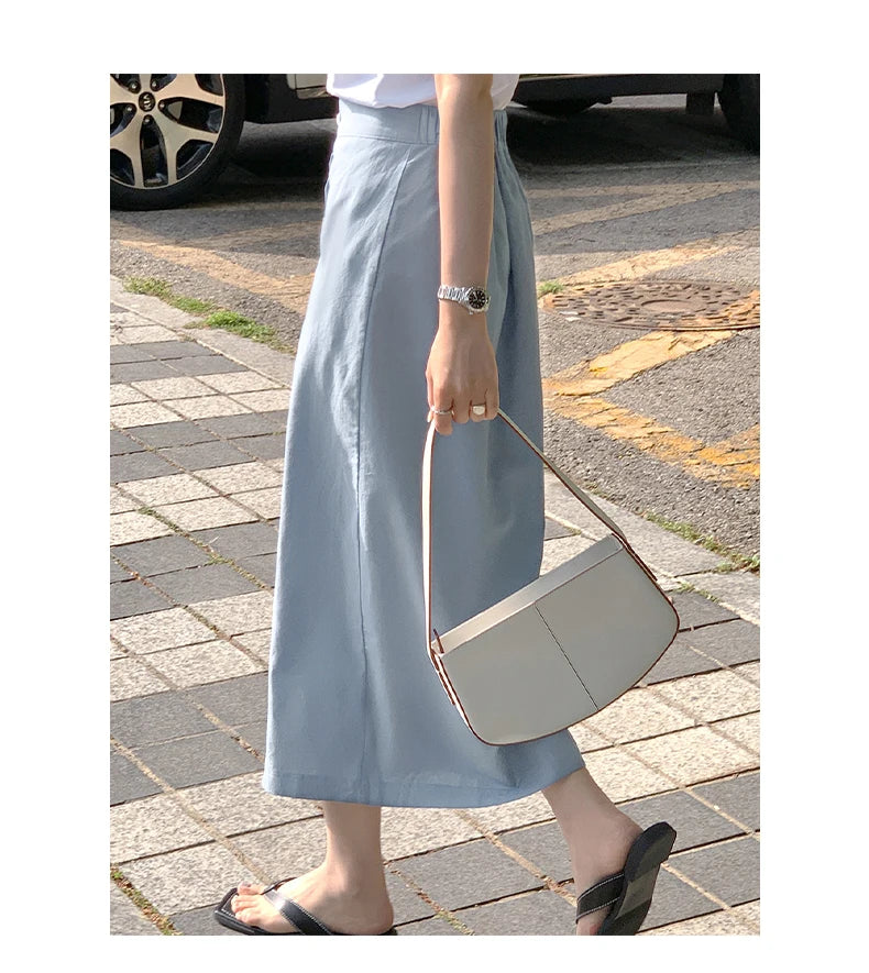 Women's Cotton Linen Skirt High Waist Elastic.