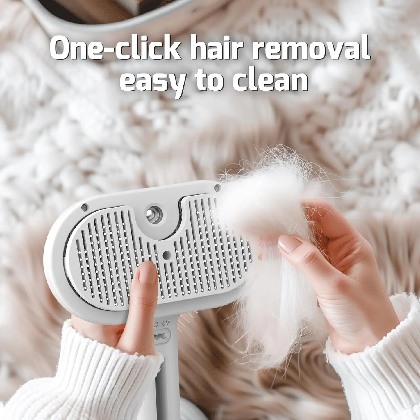 Steam brush for cats with self-cleaning function and steam jet that removes loose hair.