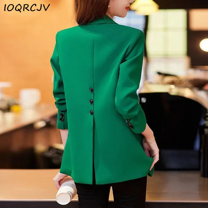 2023 New Green Women's Blazer Formal Blazer Coat Female Long Sleeve Single Button Straight Jacket Office Ladies Work Wear