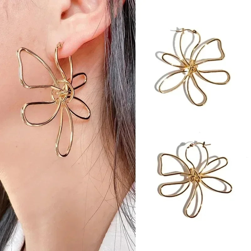 Fashion Temperament Metal Flower Exaggerated Earrings Retro Elegant Party Vacation Plant Personalized Jewelry Accessories