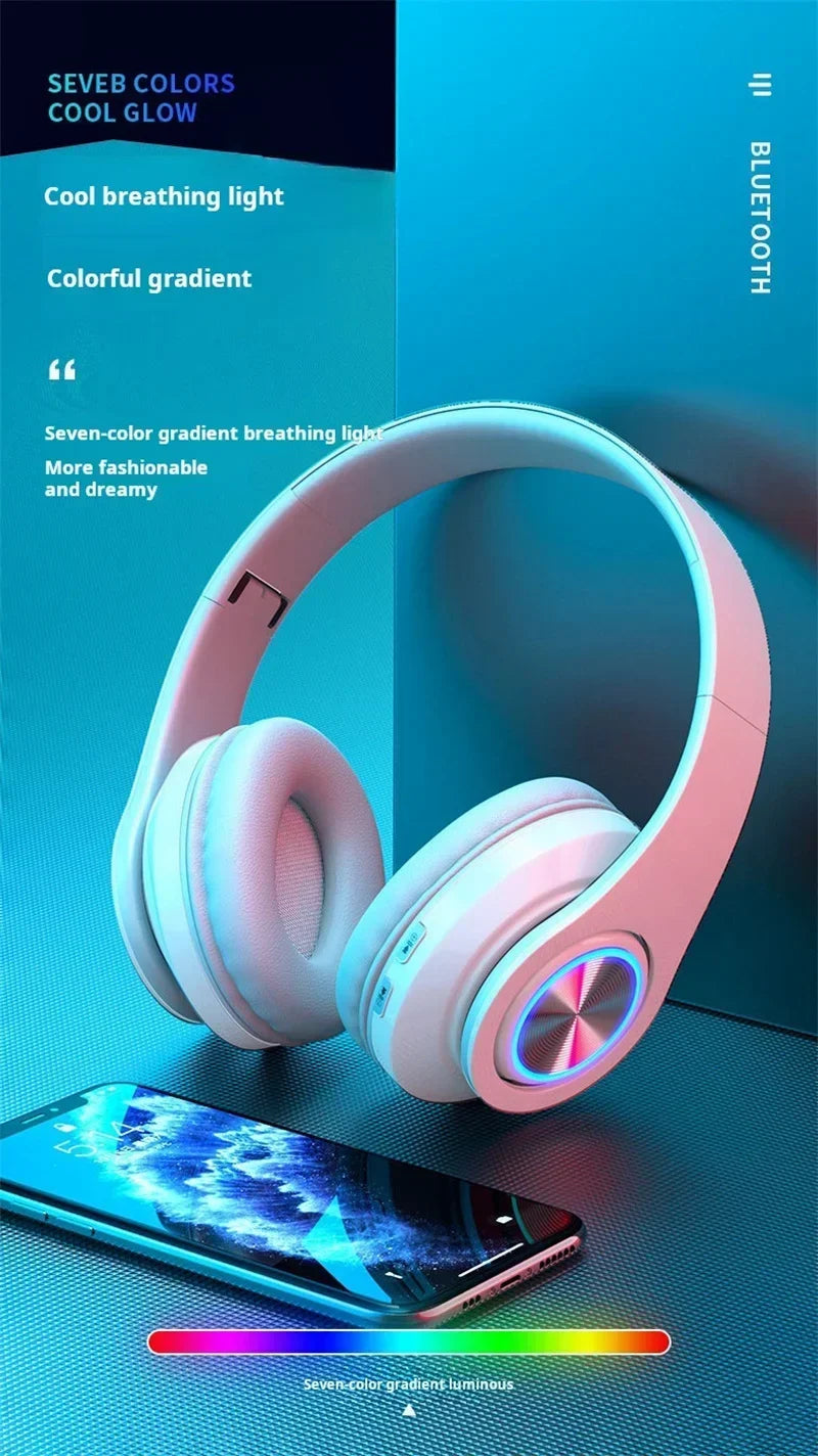 Wireless Bluetooth gaming headset with stereo surround sound.