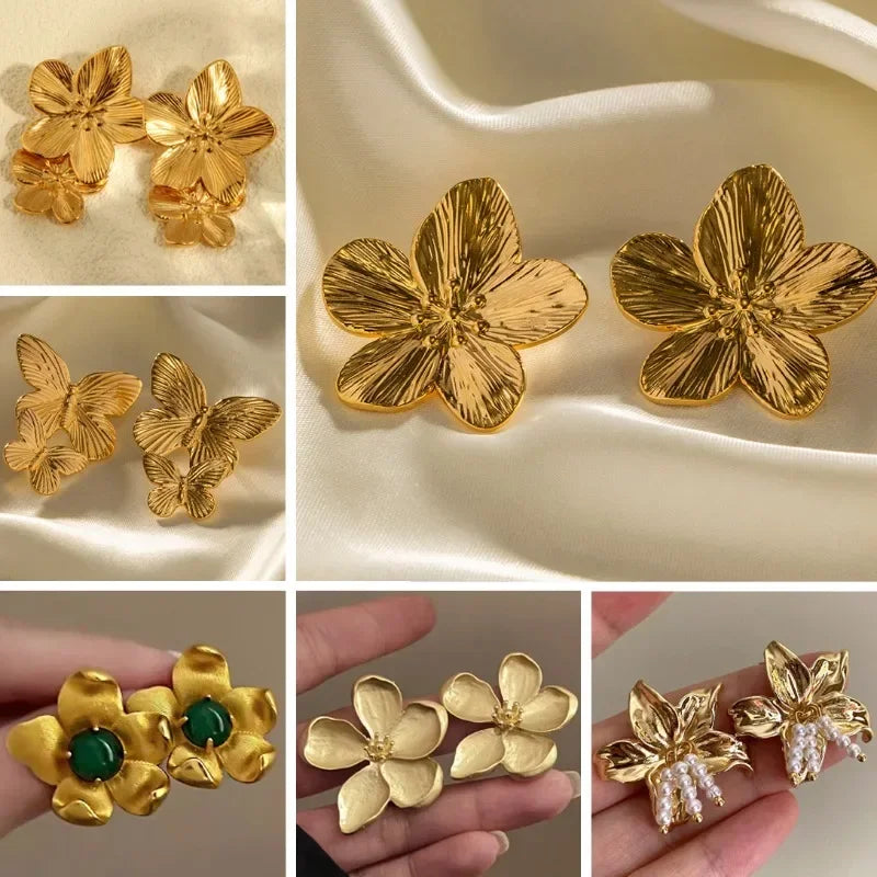 Fashion Temperament Metal Flower Exaggerated Earrings Retro Elegant Party Vacation Plant Personalized Jewelry Accessories